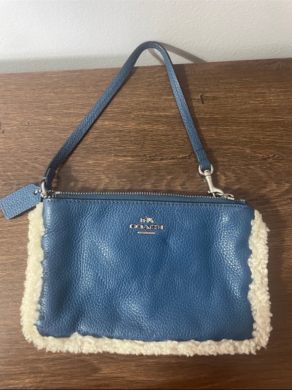 Coach Blue Pebbled Leather Shoulder Wristlet with Cream Shearling Trim